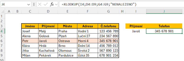 funkce XLOOKUP - PŘÍKLAD