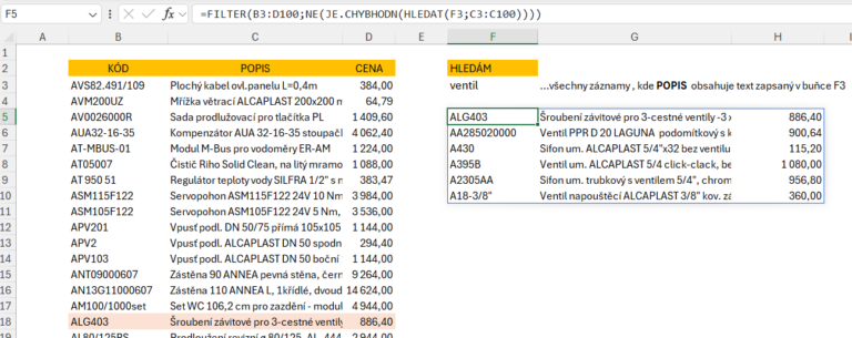 funkce FILTER s vnořenou funkcí HLEDAT
