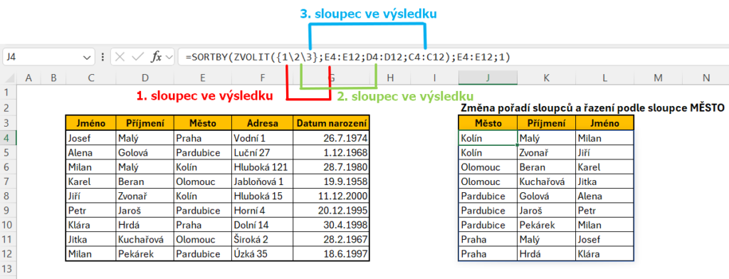 Funkce SORTBY - změna pořadí sloupců