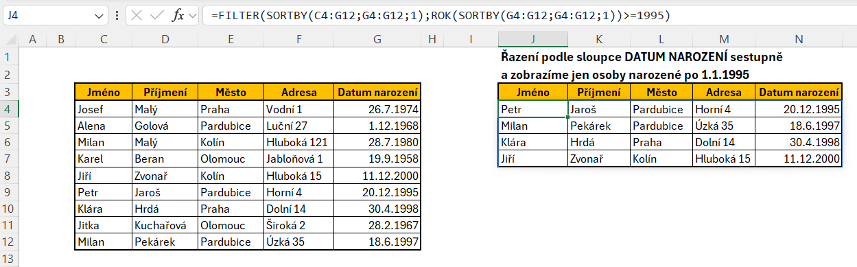 Funkce SORTBY - spolupráce s funkcí FILTER