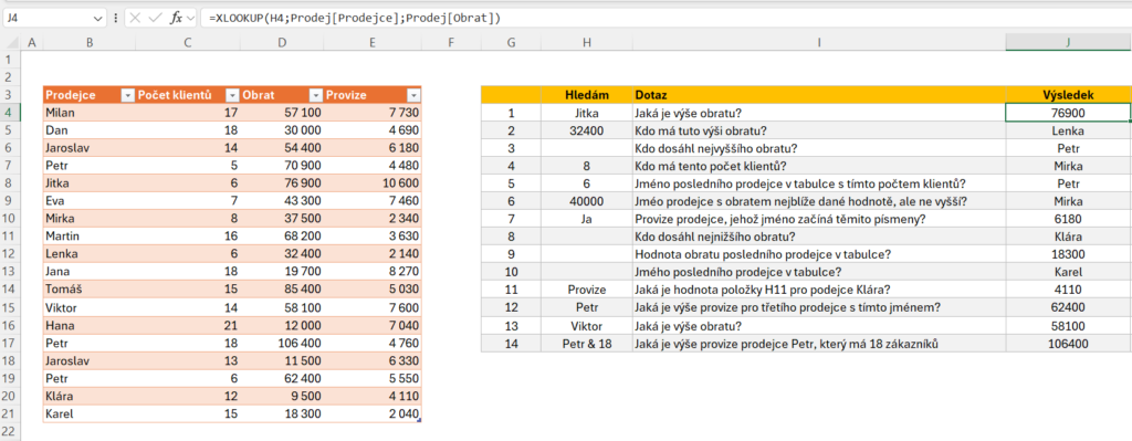 funkce XLOOKUP - pokročilé příklady