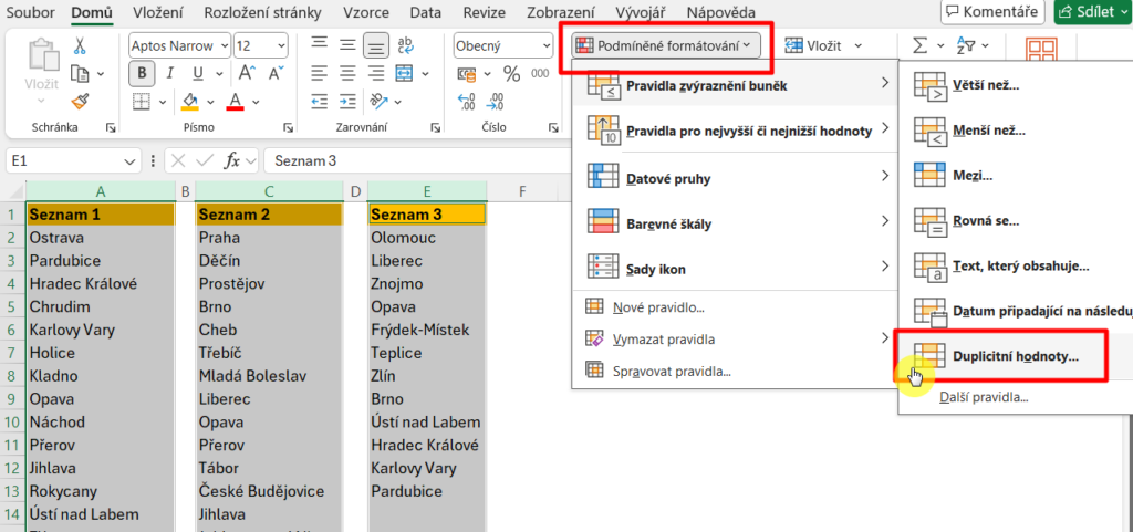 Zobrazení duplicit pomocí podmíněného formátování