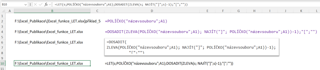 excel - funkce LET - opakovaný zápis části vzorce