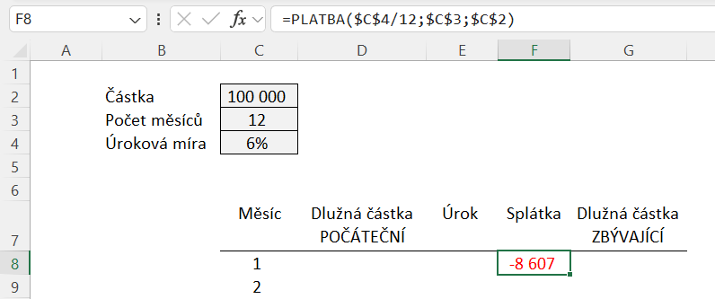 Splátkový kalendář - krok 1